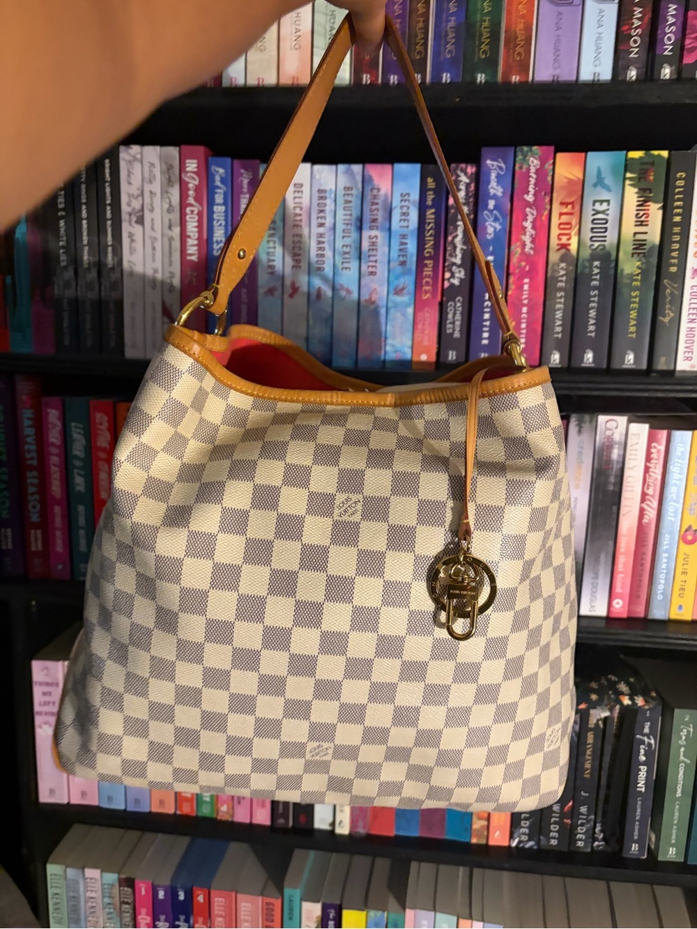 Louis Vuitton Damier Azur Canvas Shoulder Bag with Tan Trim and Red Interior